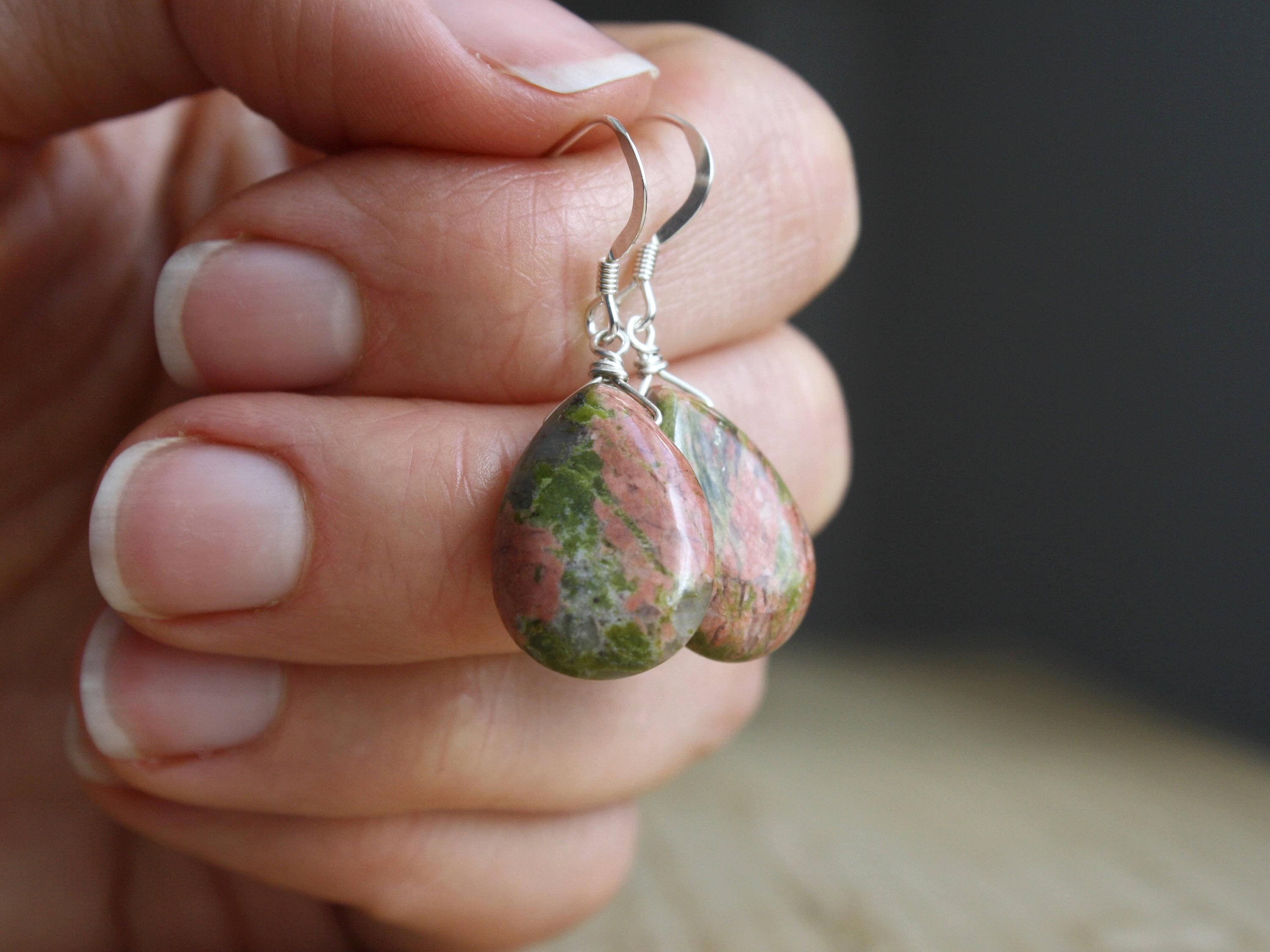 Green Natural Stone Earrings . Unakite Earrings In Sterling Silver