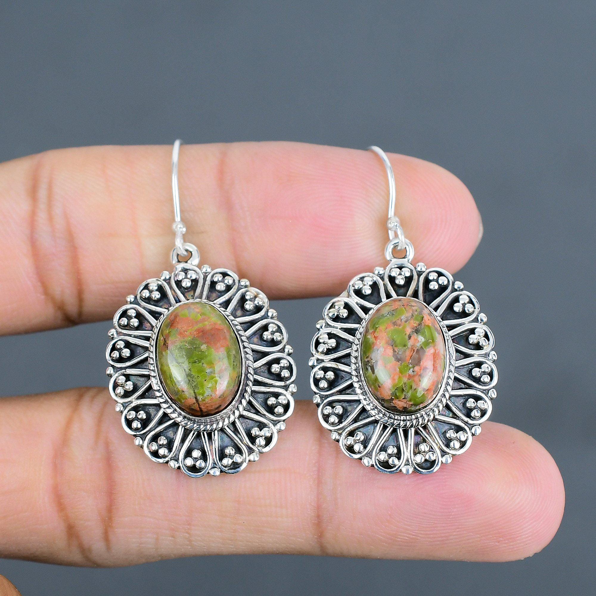 Handmade Unakite Earrings: 925 Sterling Silver Vintage Jewelry