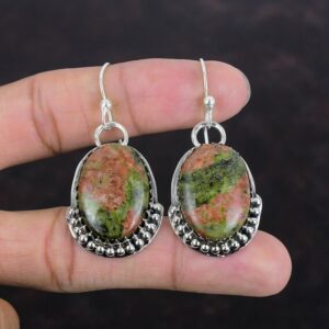 Handmade Unakite Earrings: 925 Sterling Silver Dangle Gemstone Jewelry
