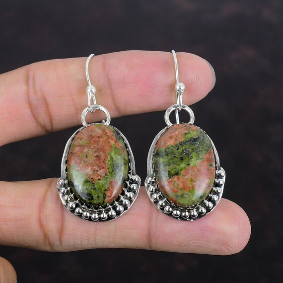 Handmade Unakite Earrings: 925 Sterling Silver Dangle Gemstone Jewelry Handmade Unakite Earrings: 925 Sterling Silver Dangle Gemstone Jewelry
