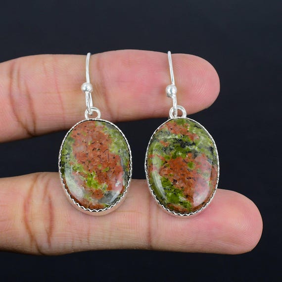 Handmade Unakite Dangle Earrings: 925 Sterling Silver Antique Jewelry