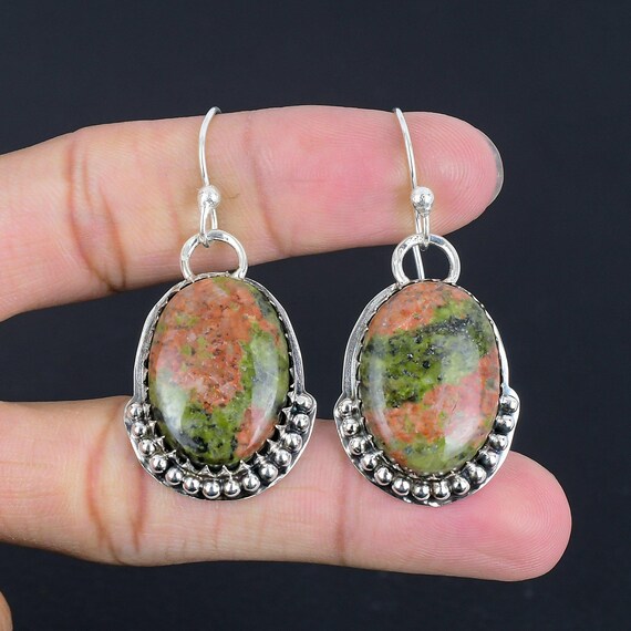 Handmade Unakite Dangle Earrings: 925 Sterling Silver Gemstone Jewelry