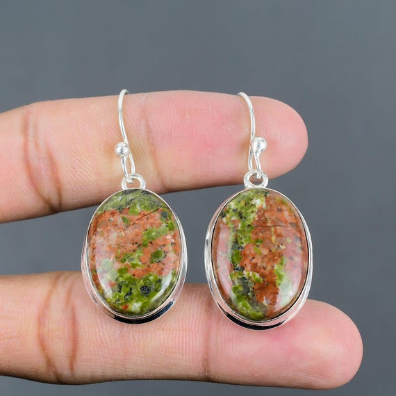 Handmade Unakite Drop Earrings: 925 Sterling Silver Gemstone Jewelry
