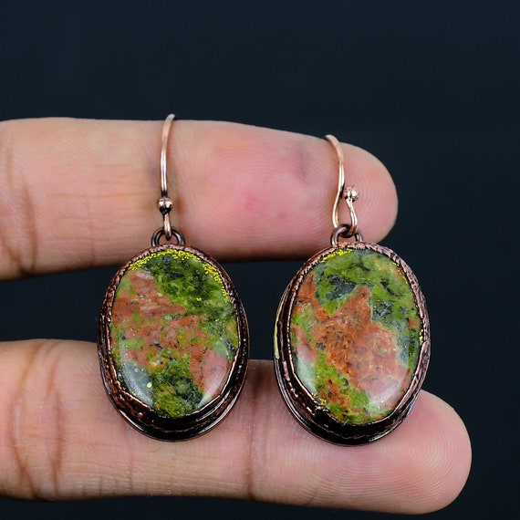Handmade Electroformed Copper Unakite Gemstone Earrings