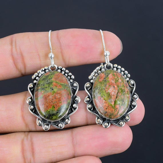 Handmade Unakite Gemstone Earrings: 925 Sterling Silver Dangle Jewelry