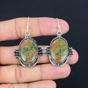 Handmade Unakite Gemstone Earrings: 925 Sterling Silver Dangle Jewelry