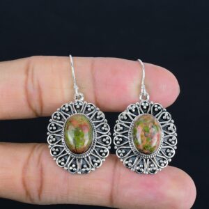 Handmade Unakite Gemstone Earrings: 925 Sterling Silver Vintage Jewelry