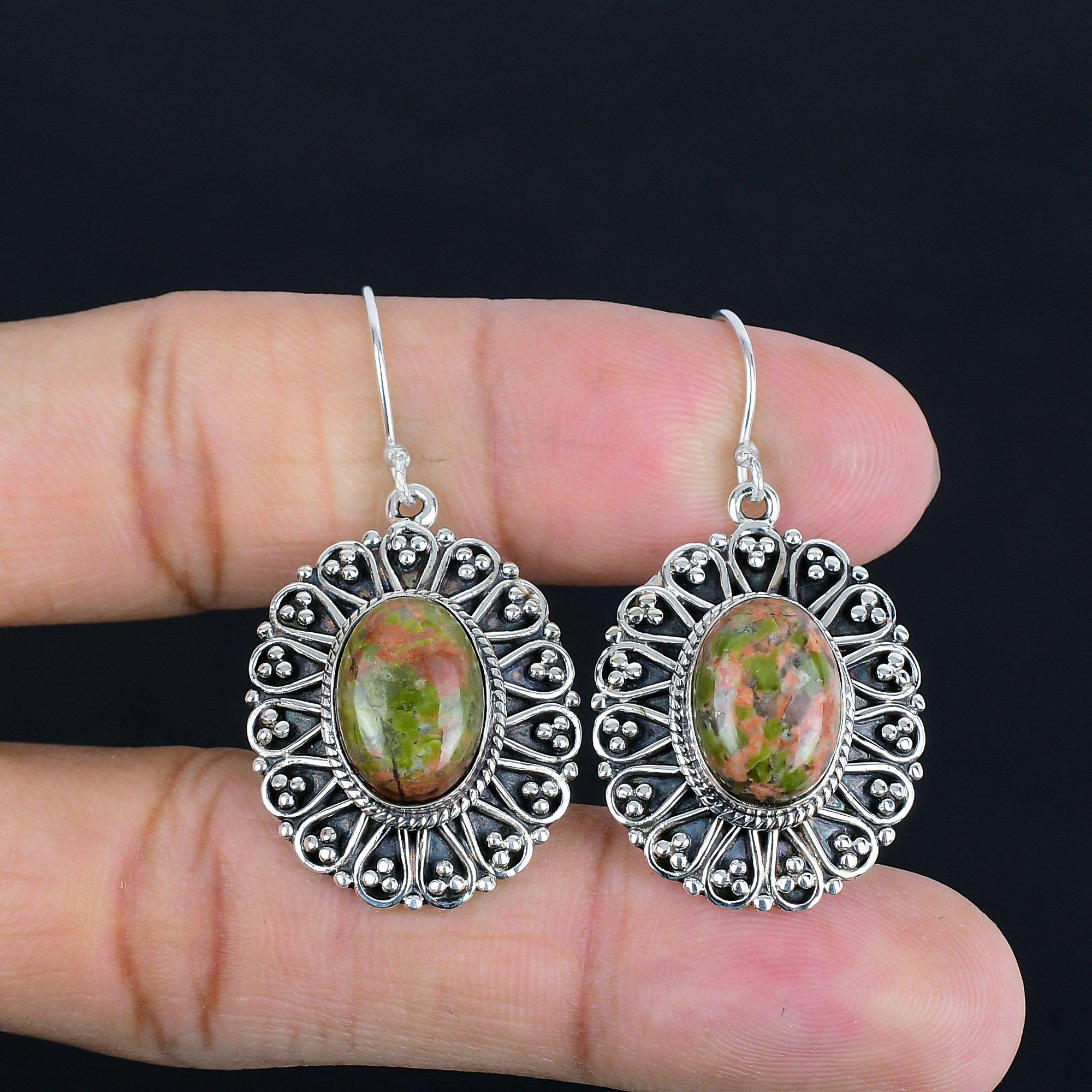 Handmade Unakite Gemstone Earrings: 925 Sterling Silver Vintage Jewelry