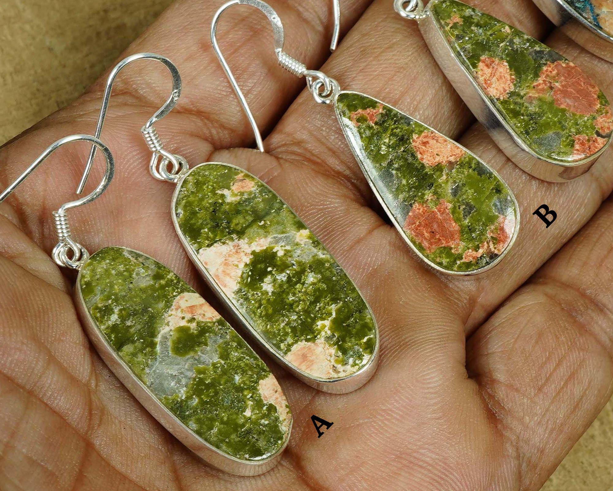 Handmade Unakite Jasper Sterling Silver Dangle Earrings