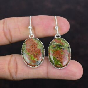 Handmade Oval Unakite Earrings: 925 Sterling Silver Gemstone Jewelry