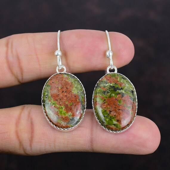 Handmade Oval Unakite Earrings: 925 Sterling Silver Gemstone Jewelry