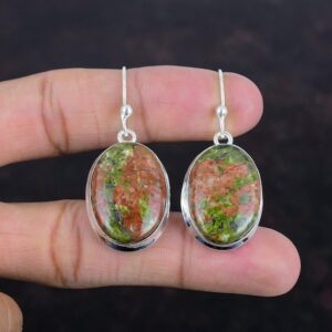 Handmade Unakite Earrings: Oval Gemstone, 925 Sterling Silver