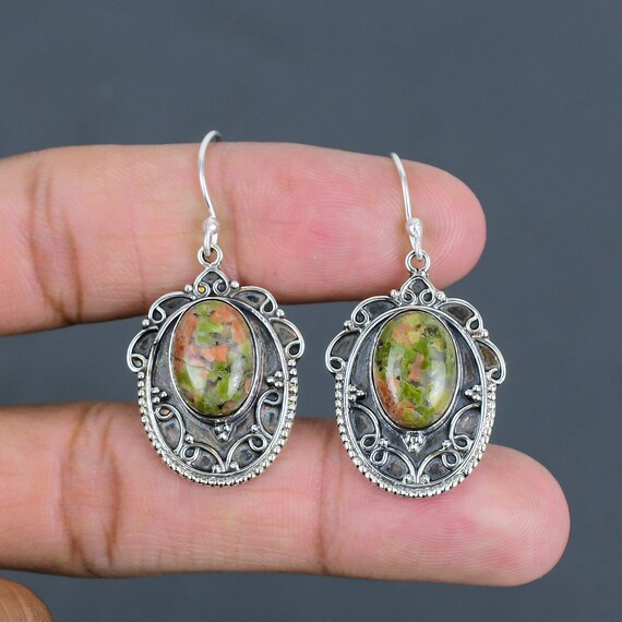Handmade Unakite Earrings: Vintage 925 Sterling Silver Gemstone Jewelry