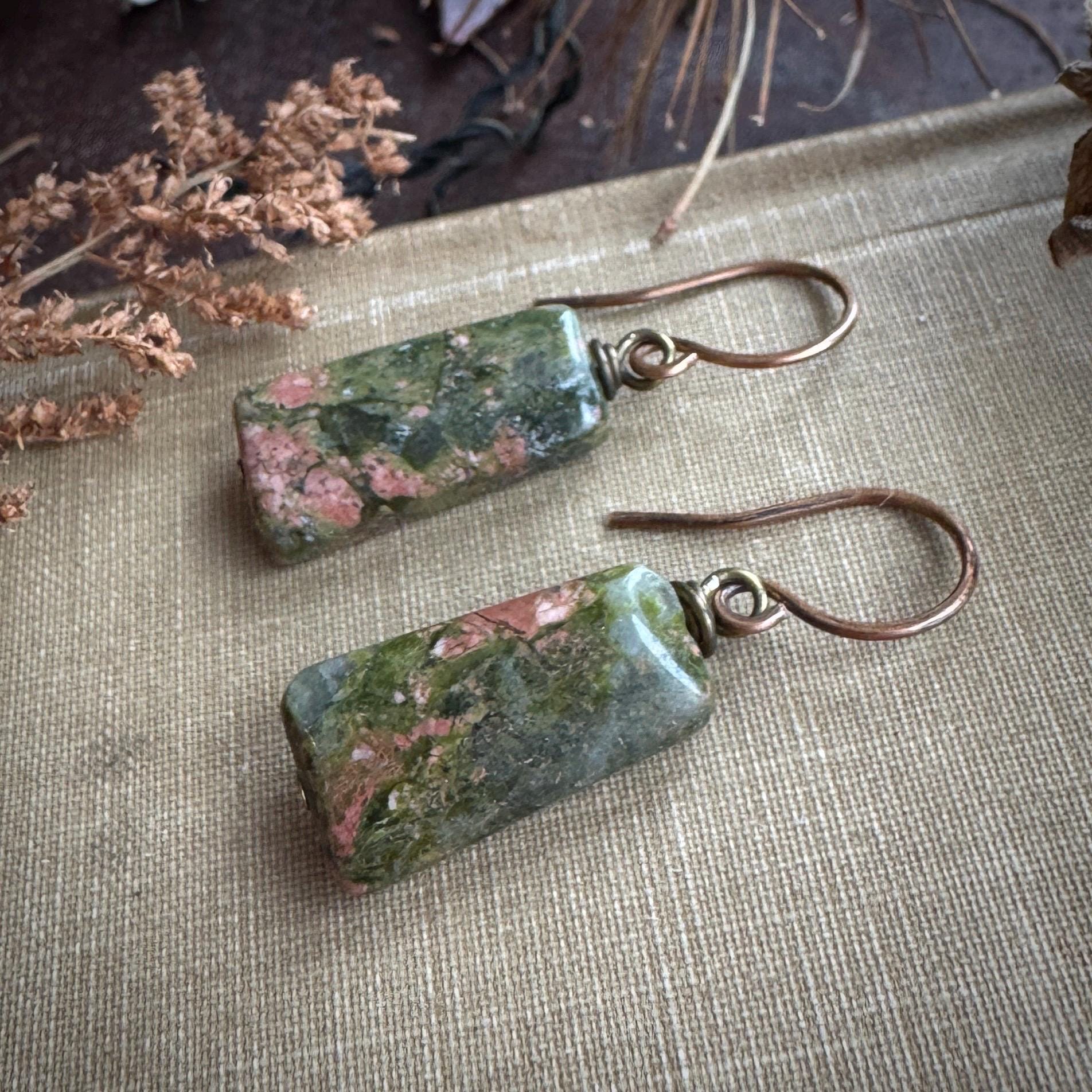 Unakite Earrings, Moss Green Stone Earrings