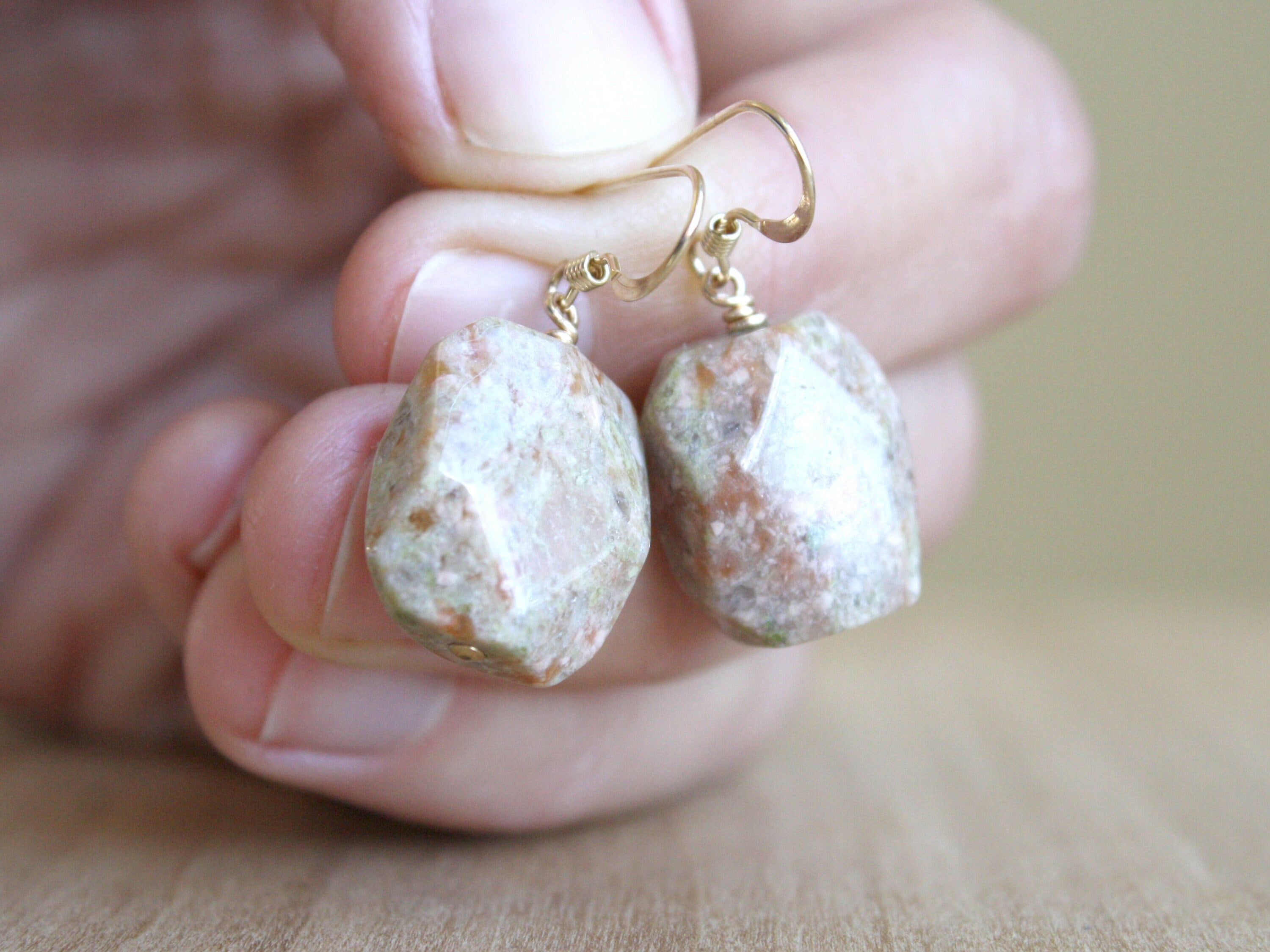 Natural Stone Earrings Dangle . Unakite Earrings In 14k Gold Fill