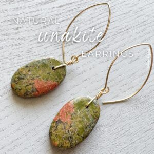 Raw Unakite Earrings, Green Stone Earrings, Unakite Jasper Gemstone Jewelry, Statement Crystal Dangle Earrings 14k Gold Filled Exact Pair