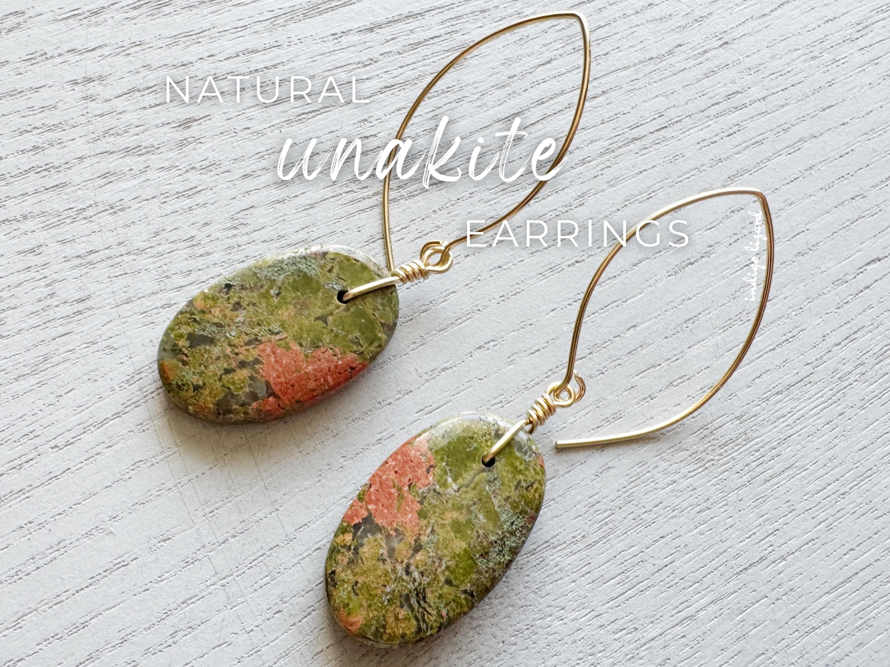 Raw Unakite Earrings, Green Stone Earrings, Unakite Jasper Gemstone Jewelry, Statement Crystal Dangle Earrings 14k Gold Filled Exact Pair