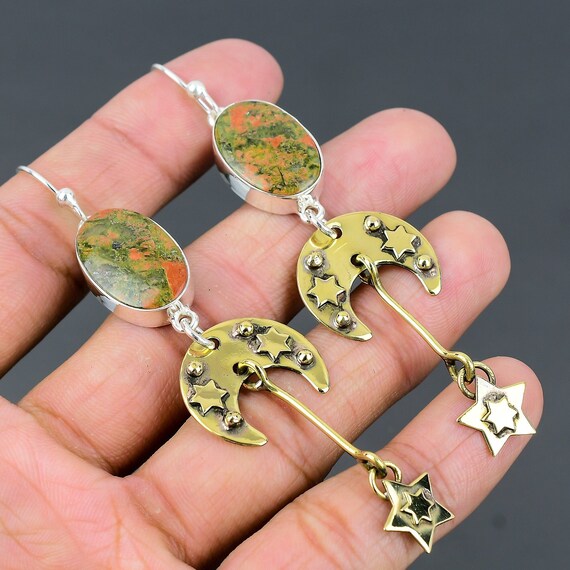 Unakite Star Moon Earrings: Sterling Silver Dangle Jewelry Unakite Star Moon Earrings: Sterling Silver Dangle Jewelry