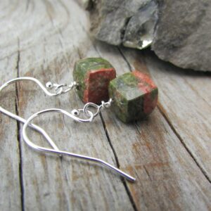 Unakite Earrings: Sterling Silver Faceted Cube Gemstone Earrings