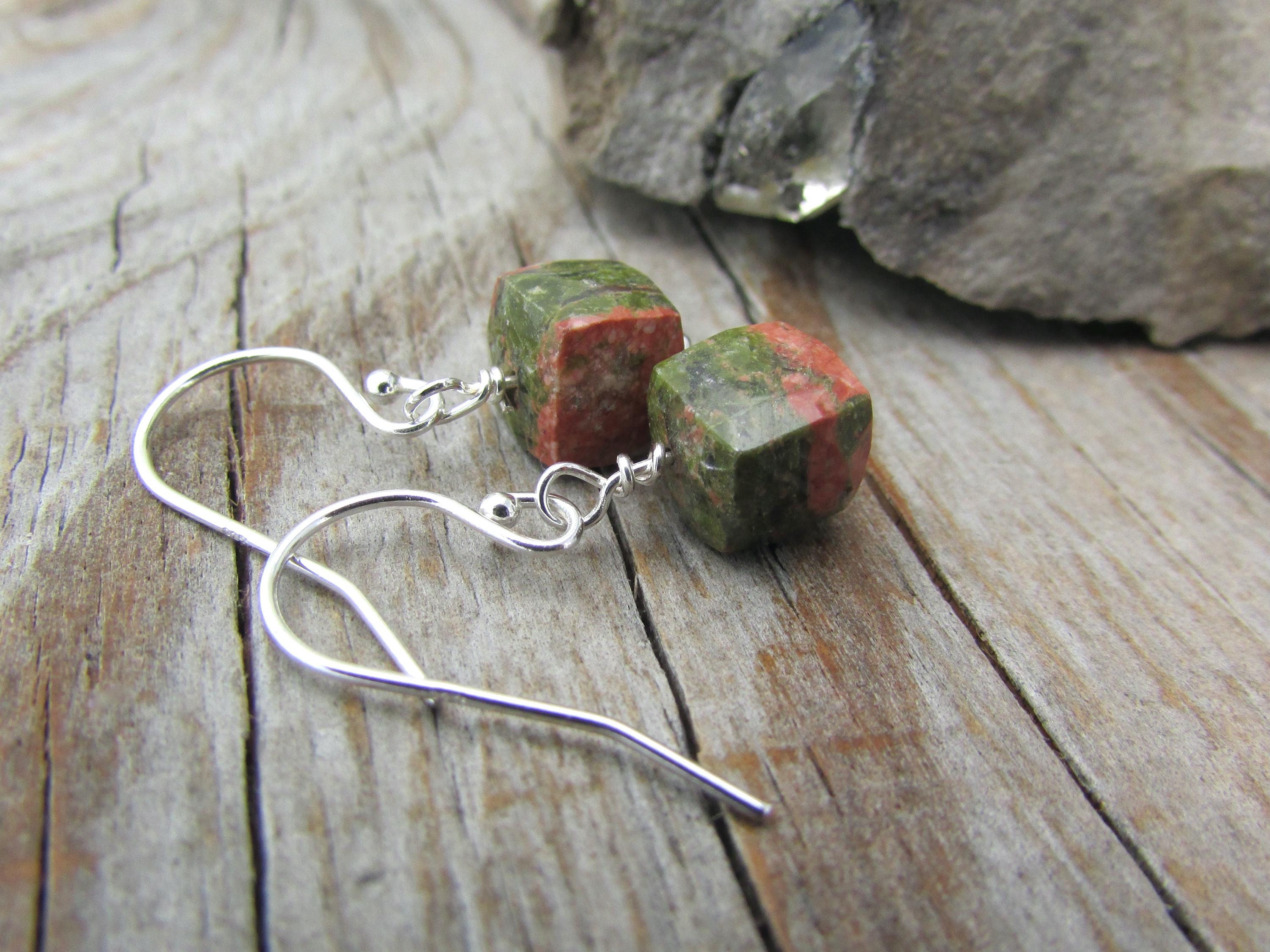 Unakite Earrings: Sterling Silver Faceted Cube Gemstone Earrings