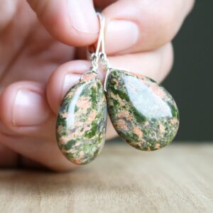 Sterling Silver Unakite Earrings: Green Teardrop Leverback Gemstone