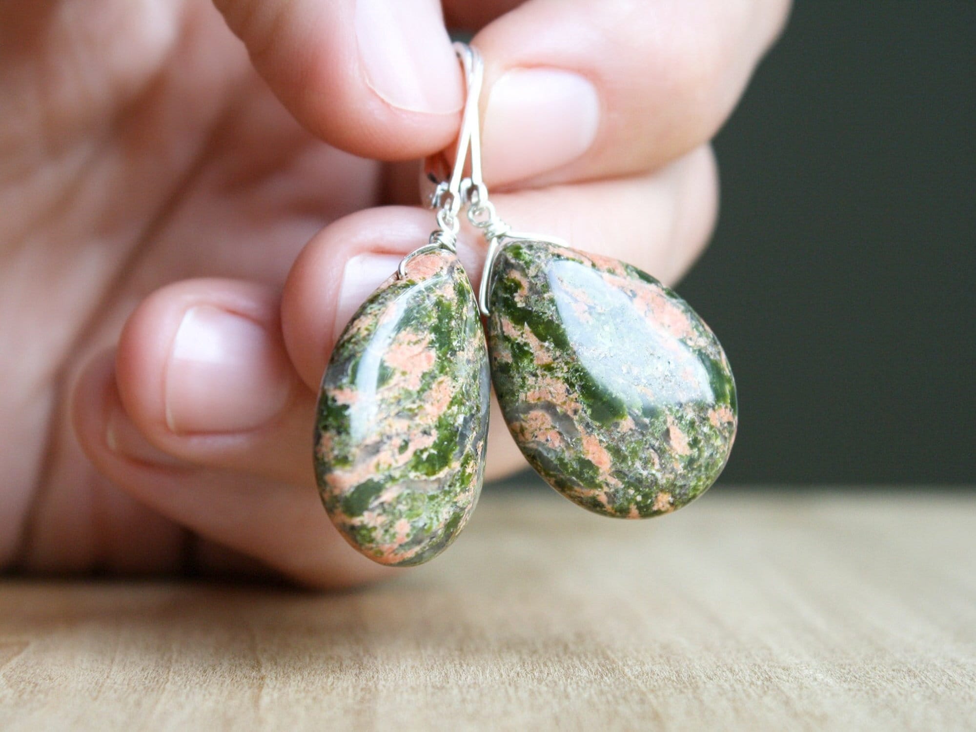 Sterling Silver Unakite Earrings: Green Teardrop Leverback Gemstone Sterling Silver Unakite Earrings: Green Teardrop Leverback Gemstone
