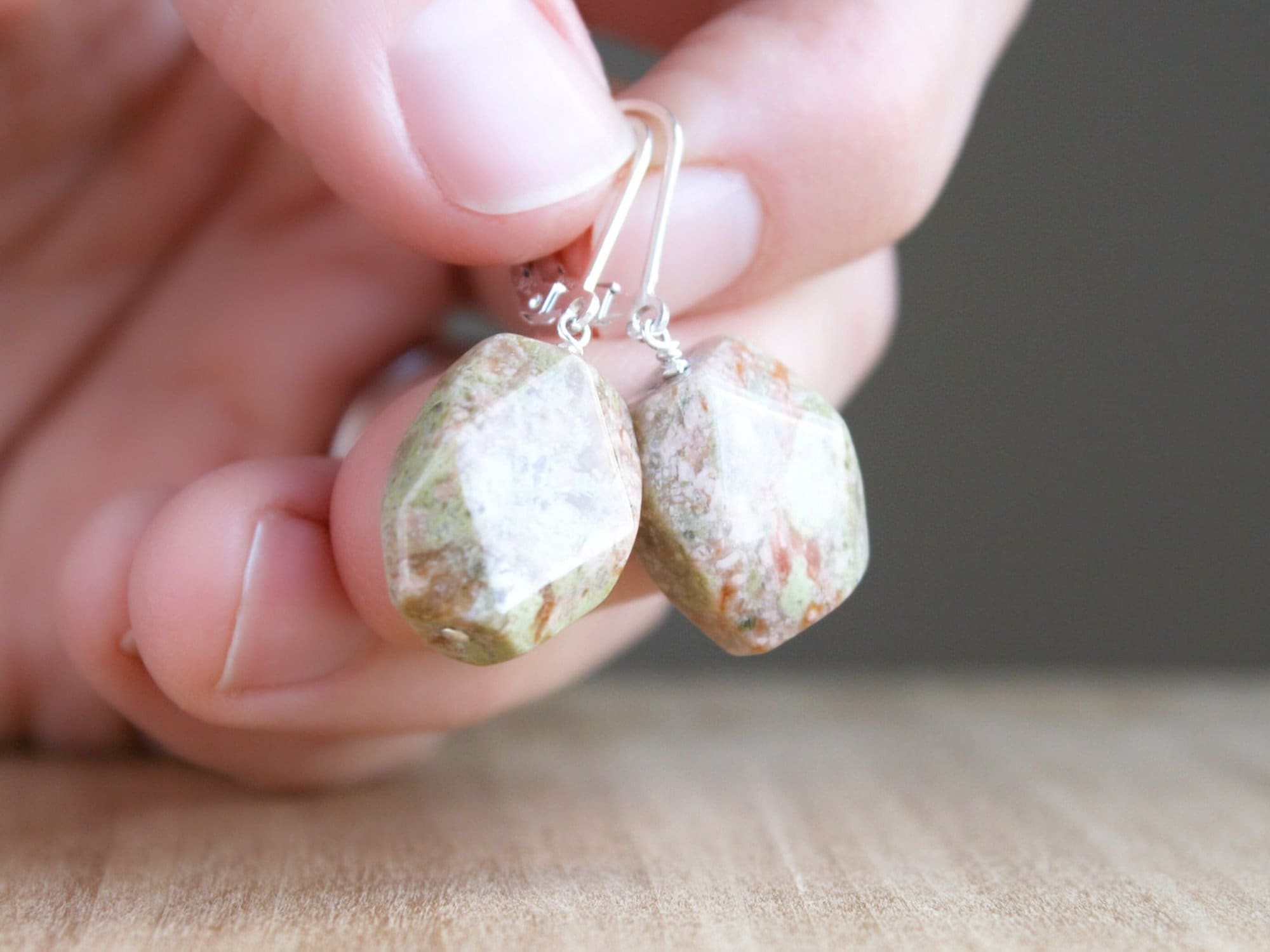 Sterling Silver Unakite Lever Back Earrings: Natural Gemstone Dangle