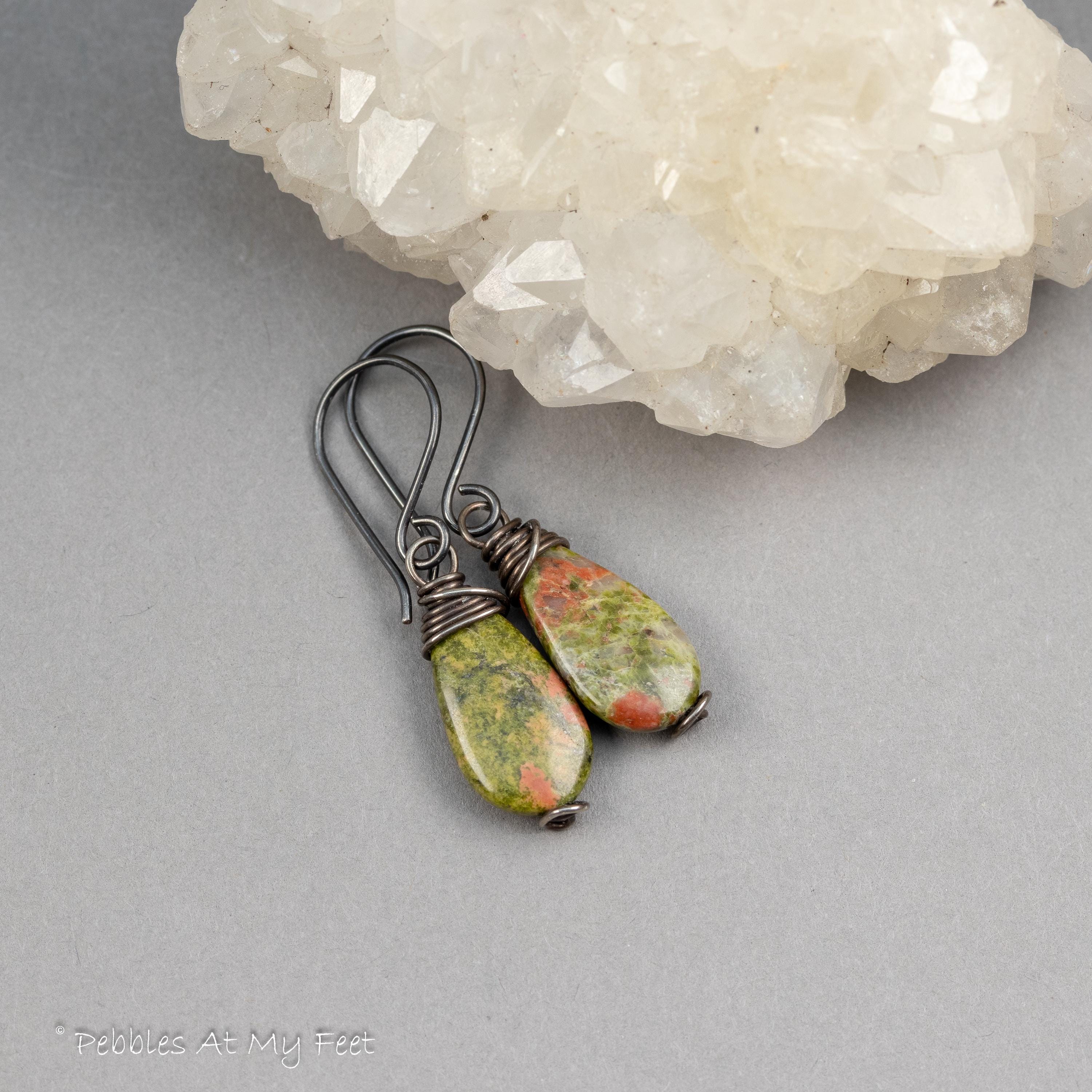 Unakite Stone Drop Earrings: Antiqued Sterling Silver, Moss Green Stones Unakite Stone Drop Earrings: Antiqued Sterling Silver, Moss Green Stones