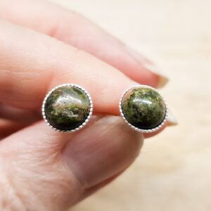 Unakite Stud Earrings. Scorpio Post Earrings. March Birthstone. Reiki Jewelry Uk. Round 8mm Stones. Green Brown. 925 Sterling Silver.