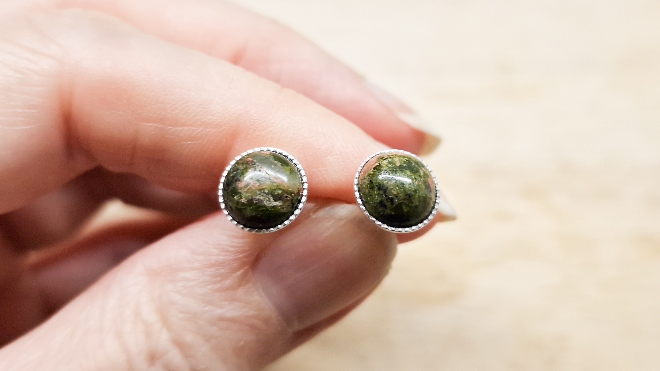 Unakite Stud Earrings. Scorpio Post Earrings. March Birthstone. Reiki Jewelry Uk. Round 8mm Stones. Green Brown. 925 Sterling Silver.