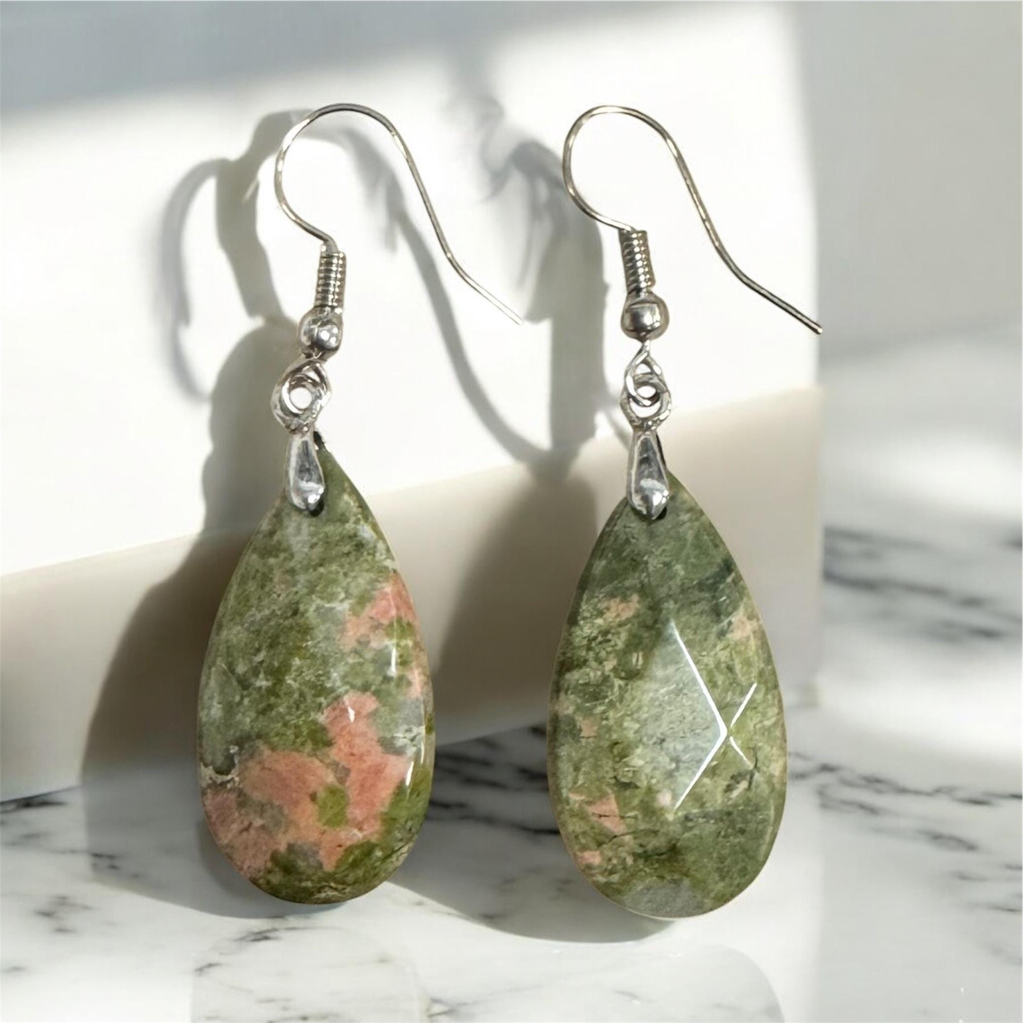 Unakite Teardrop Earrings | Natural Gemstone Dangle | Boho Crystal Jewelry For Women | Heart Chakra Gift Unakite Teardrop Earrings | Natural Gemstone Dangle | Boho Crystal Jewelry For Women | Heart Chakra Gift
