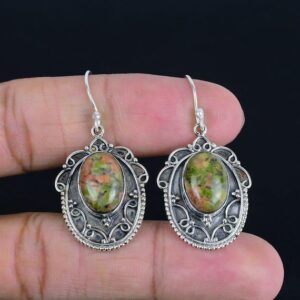 Vintage Unakite Earrings: Handmade 925 Sterling Silver Dangle Jewelry