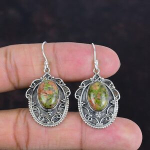 Vintage Unakite Earrings: Handmade 925 Sterling Silver Dangle Jewelry
