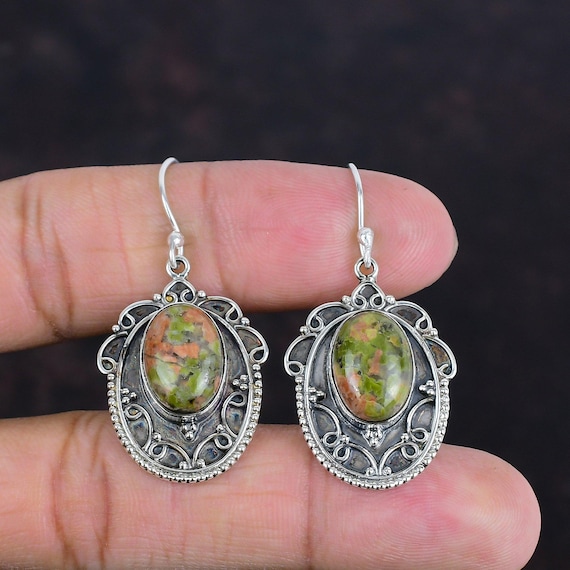 Vintage Unakite Earrings: Handmade 925 Sterling Silver Dangle Jewelry