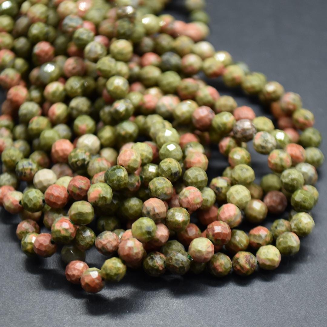 4mm Unakite Gemstone Faceted Round Beads - 15" Strand | Semi-precious Gemstone Beads For Jewellery Making