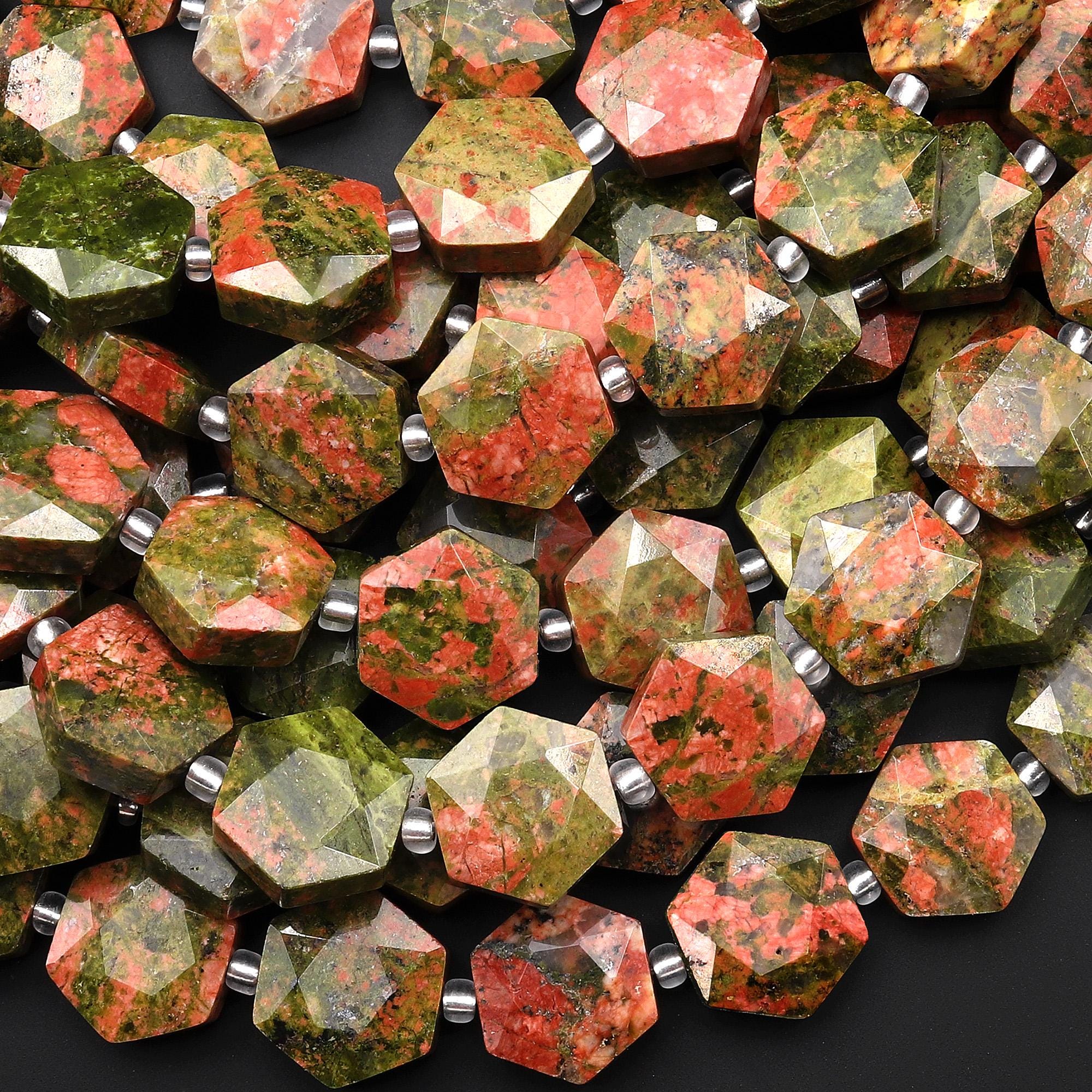 Aaa Faceted Natural Unakite Geometric Hexagon Coin 12mm Gemstone 15.5" Strand