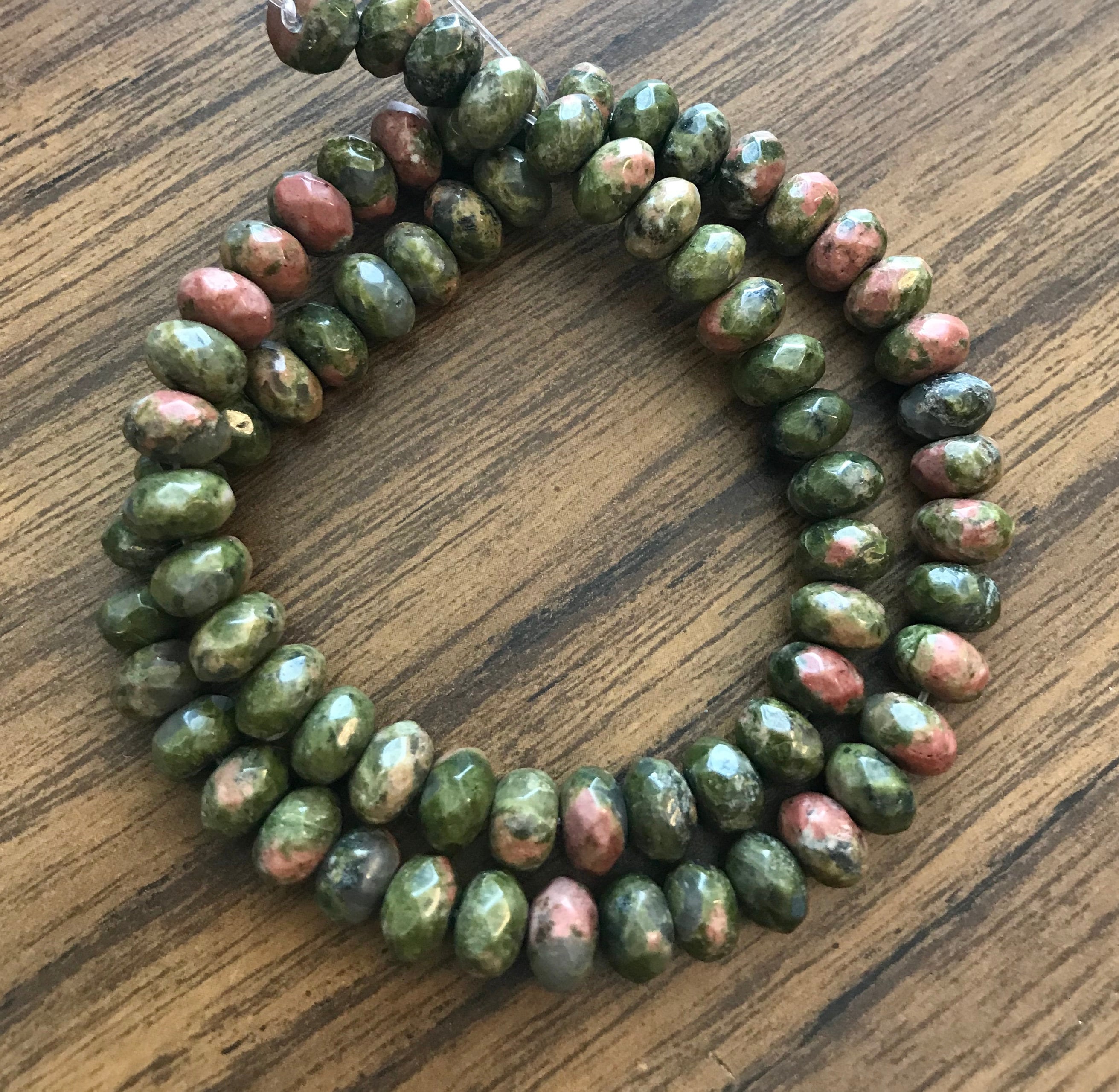 Natural Unakite 8x5mm Faceted Rondelle Gemstone Bead -15.5 Inch Strand