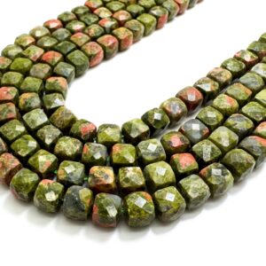 Natural Green Unakite Faceted Square Cube 7mm Gemstone Beads - PGS121