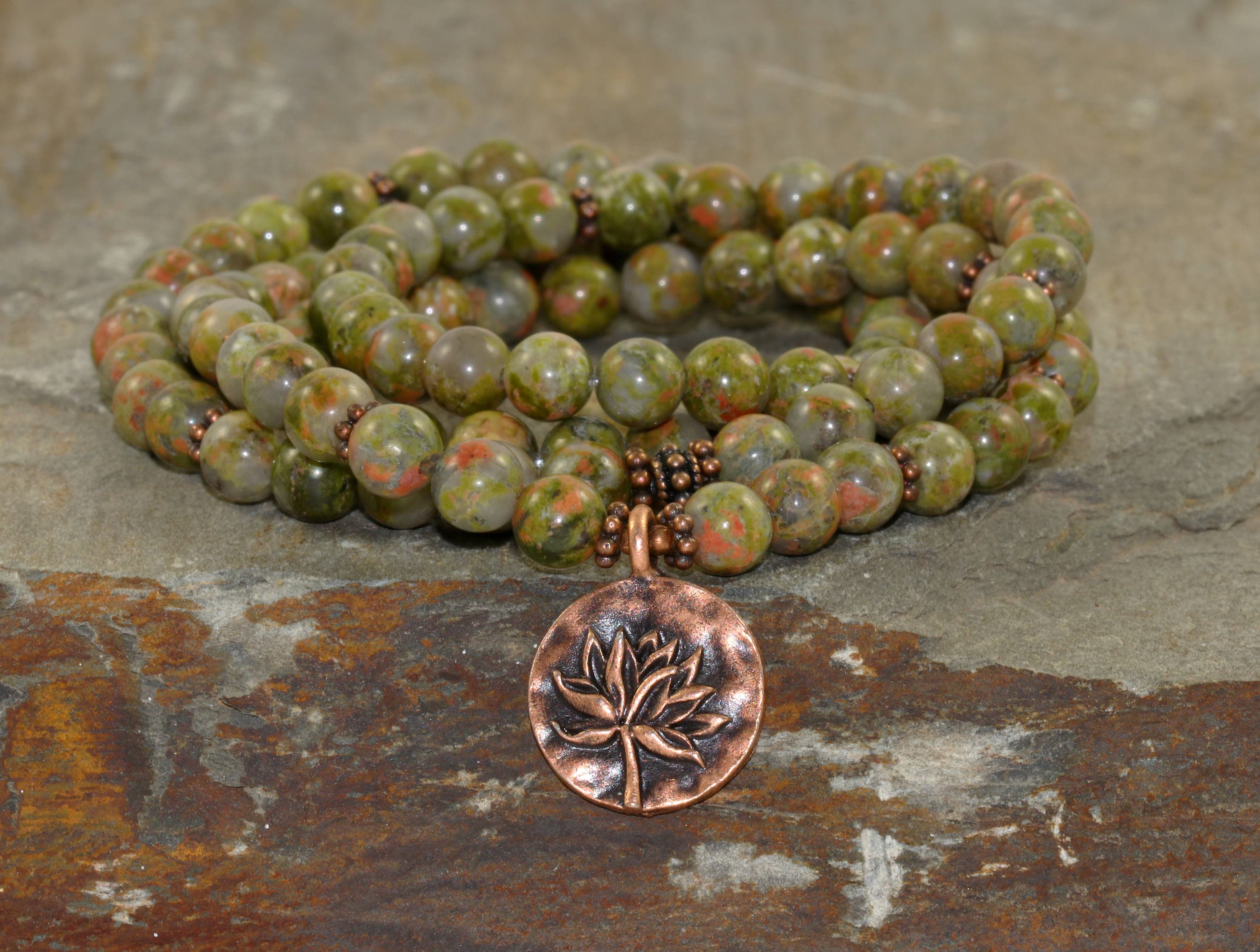 108 Unakite Mala Beads: Heart Chakra Yoga Necklace