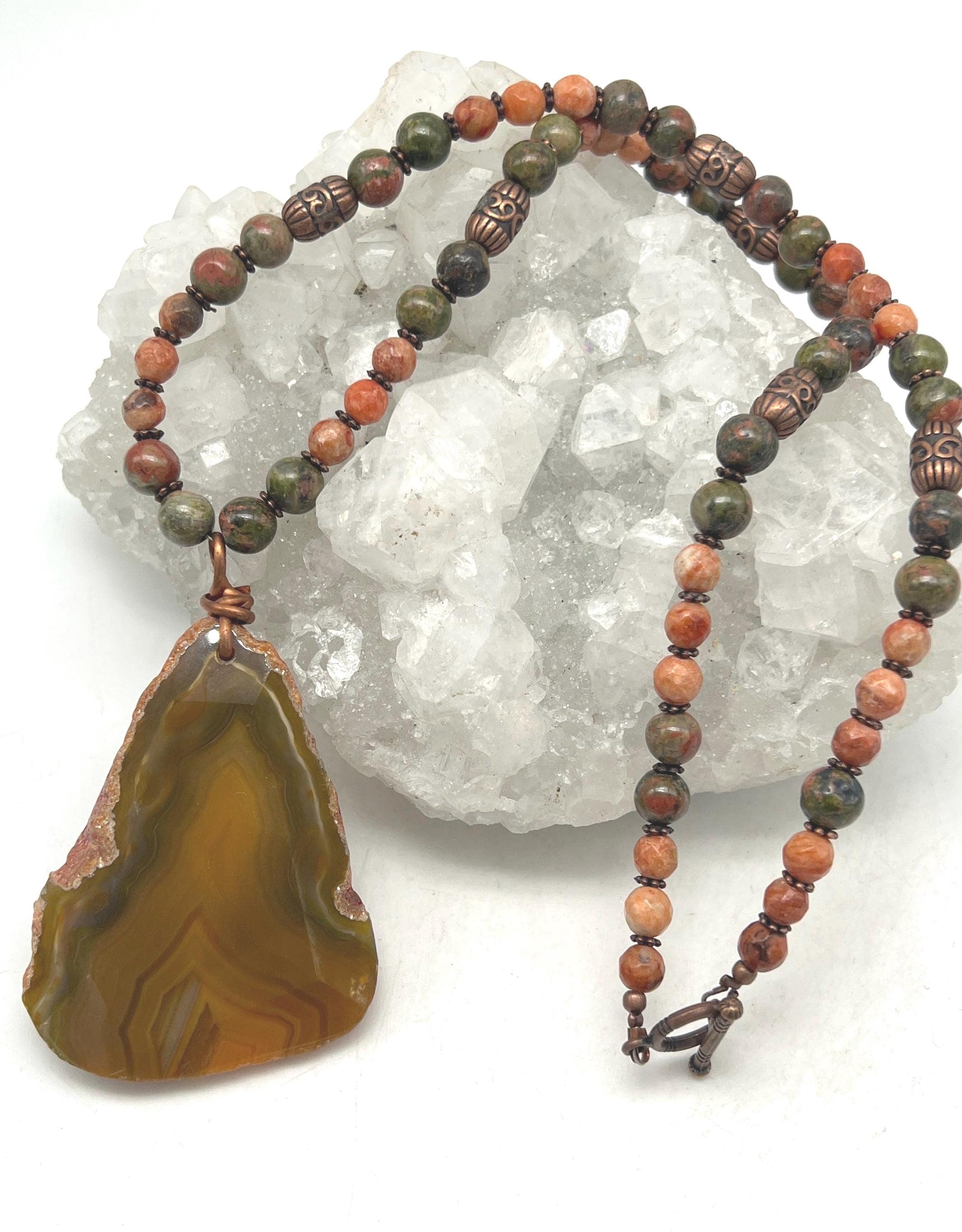 Unakite And Jasper Beaded Necklace-22"