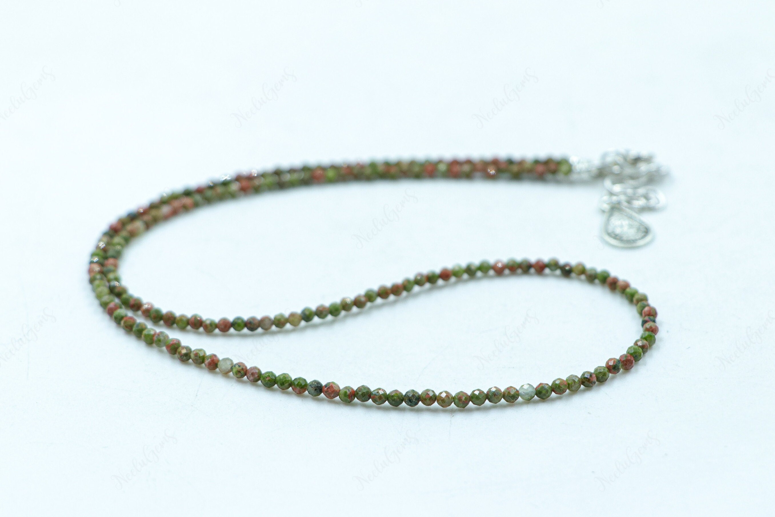 Faceted Unakite Jasper Beaded Necklace, Natural Pink And Green Gemstone Choker, Dainty Sparkly Stone Jewelry, Heart Chakra Gift For Her