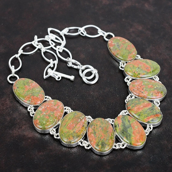 Unakite Gemstone Necklace: 925 Sterling Silver, Adjustable Chain
