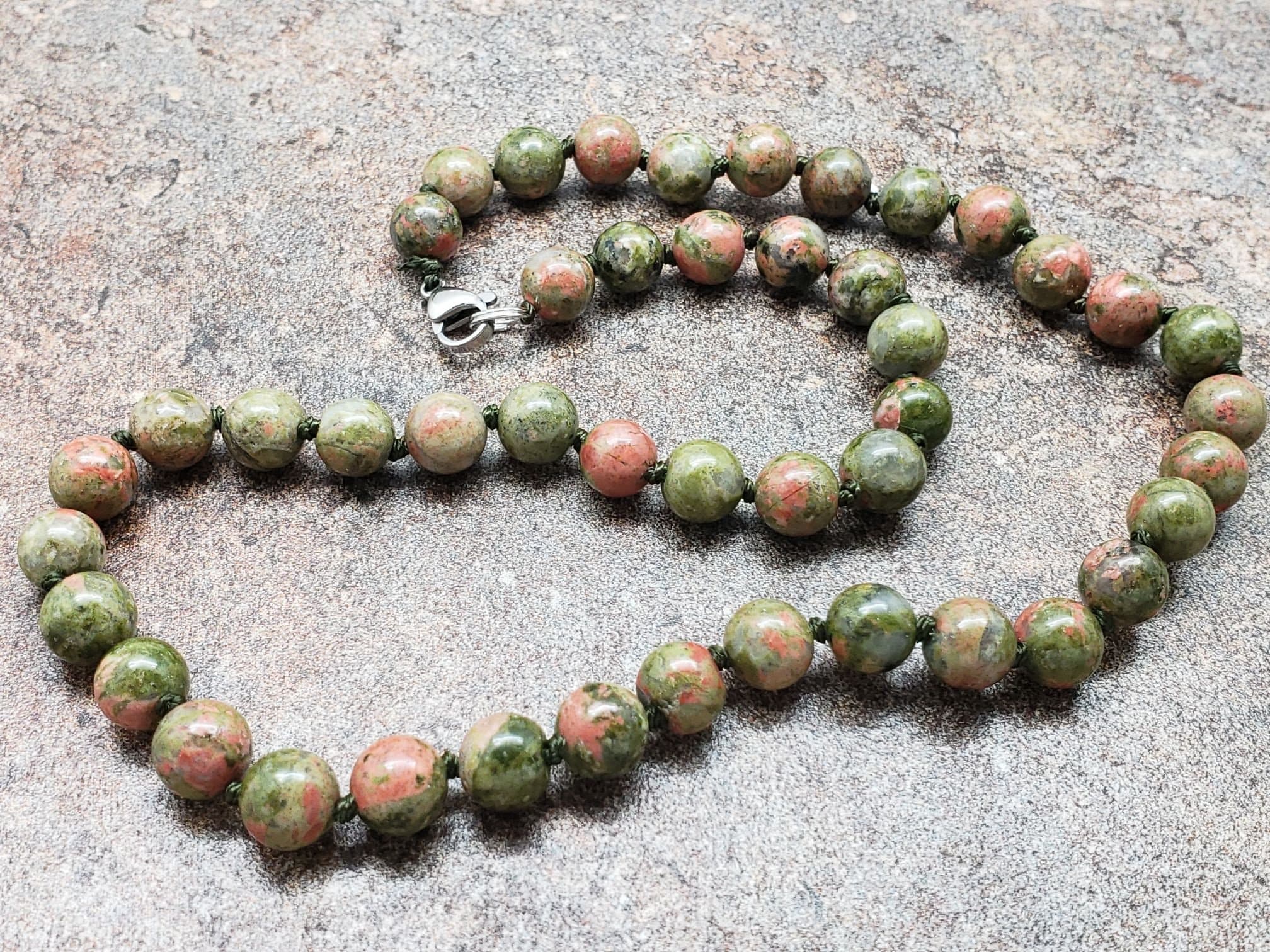 Unakite Hand Knotted Necklace With Lobster Claw Clasp Unakite Hand Knotted Necklace With Lobster Claw Clasp