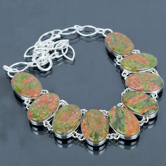 Handmade Unakite Necklace: 925 Sterling Silver Adjustable Chain Handmade Unakite Necklace: 925 Sterling Silver Adjustable Chain
