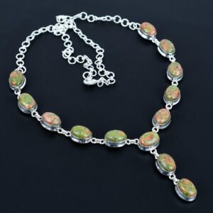 Handmade Unakite Gemstone Necklace: 925 Sterling Silver, Adjustable Chain