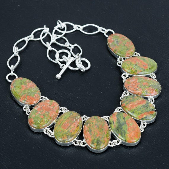 Handmade Oval Unakite Necklace: 925 Sterling Silver Adjustable Chain Handmade Oval Unakite Necklace: 925 Sterling Silver Adjustable Chain