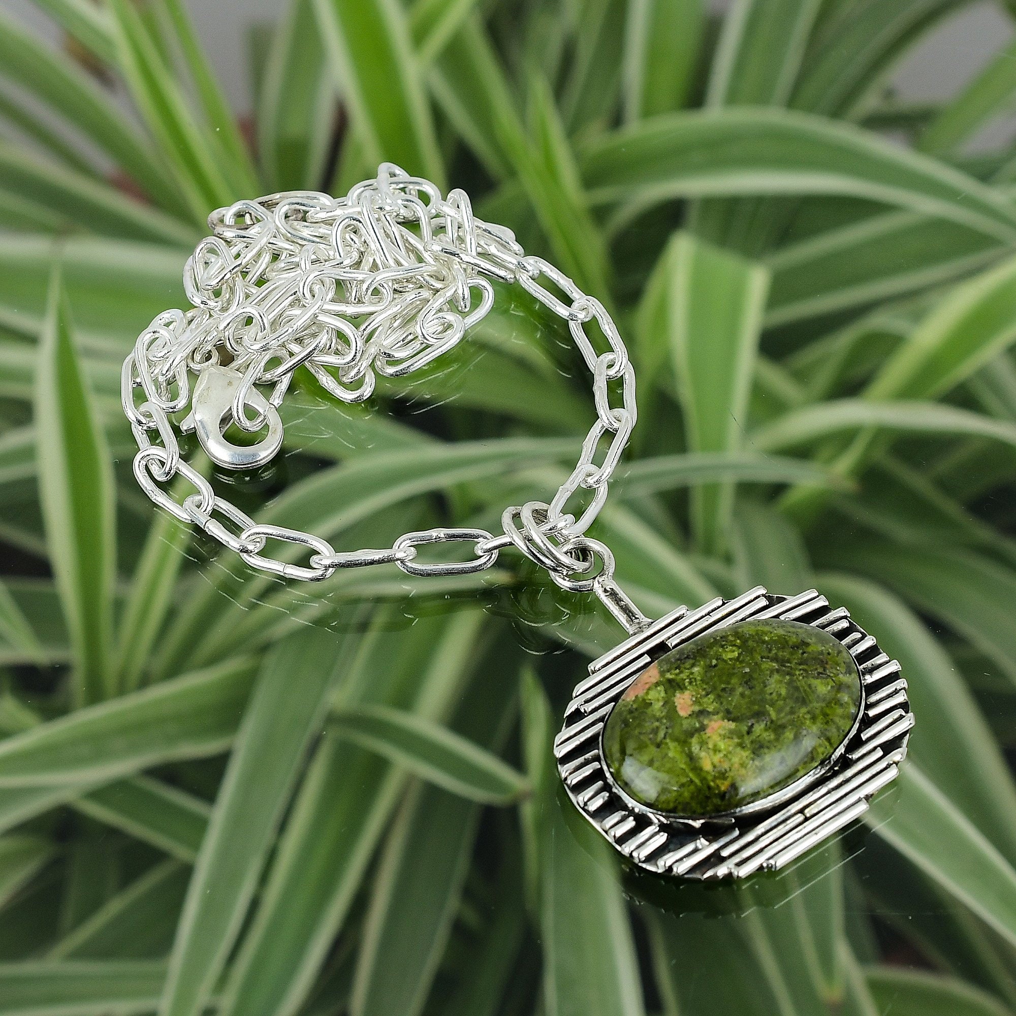 Handmade Unakite Necklace: Oval Gemstone, 925 Sterling Silver