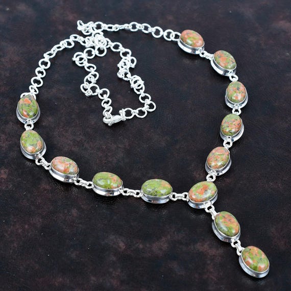 Handmade Oval Unakite Gemstone Necklace, 925 Sterling Silver, 20 Inch