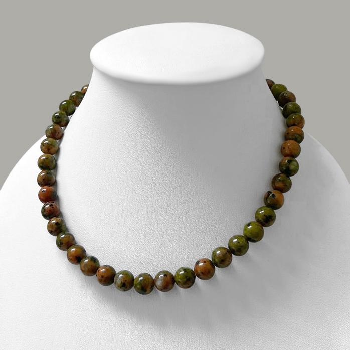 Unakite Jasper Necklace, 10mm Smooth Round Beads, 18 Inch Gemstone Jewelry, Natural Unakite Statement Necklace, Healing Crystal Gift