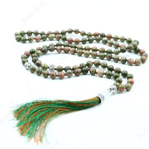 Unakite Jasper Mala Necklace 108 Beads Hand Knotted, Heart Chakra Balancing Stone, Pink & Green Tassel Necklace Yoga Meditation Prayer Beads